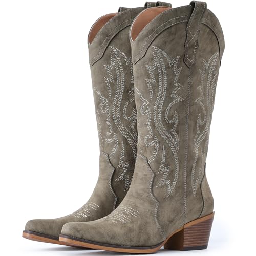 Image of IUV Cowboy Boots For Women Western Cowgirl Boots with Chunky Heel Mid Calf Snip Toe Ideal for low insteps