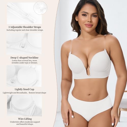 Image of JOYSHAPER Low Cut Bras for Women Backless Plunge Bra with Clear Straps | Cleavage Underwire Push Up Bra, Multiway Strap Low Back, Multiway Strap, For Any Deep U Plunge Tops Wedding Party Dresses