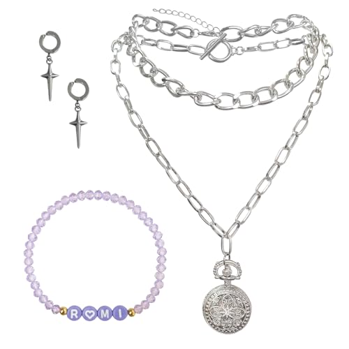 NEOVISTA Demon Kpop Rumi Jewelry Set Chain Necklace Cross Earrings & Elastic Glass Bead Bracelet with RUMI Letters Fan Inspired Costume Accessories