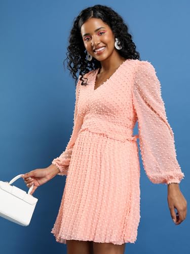 Image of Tokyo Talkies Pink Self Design V-Neck Puff Sleeve Fit Flare Above Knee Dress