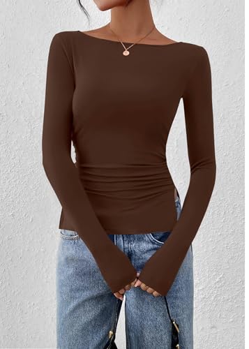 KIRUNDO Long Sleeve Going Out Tops for Women 2026 Spring Casual Boat Neck Workout Shirts Fall Fitted Side Slit Basic Tees(Brown, X-Large) — view 3