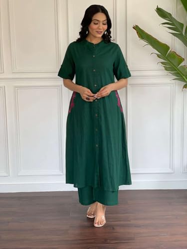Image of Women's Cotton Embroiderd Long A-Line Kurti with Palazzo
