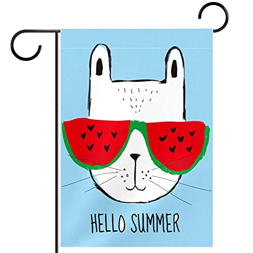 Drapeau de jardin Hello Summer Cat double face en tissu premium résistant