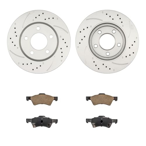 Image of KAX Front Brake Kit Fits Grand Caravan, Town & Country, Caravan, Voyager | for Dodge, Chrysler Models, 11.07in Drilled and Slotted Brake Rotors, Ceramic Brake Pads