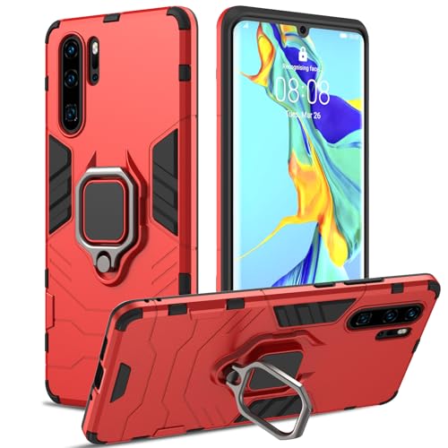 RIIMUHIR Case for Huawei P30 Pro Shockproof Cover with 360 Metal Ring Stand Anti-Scratch Hard Protective Case Full Body Bumper Case with Camera Protection - Red