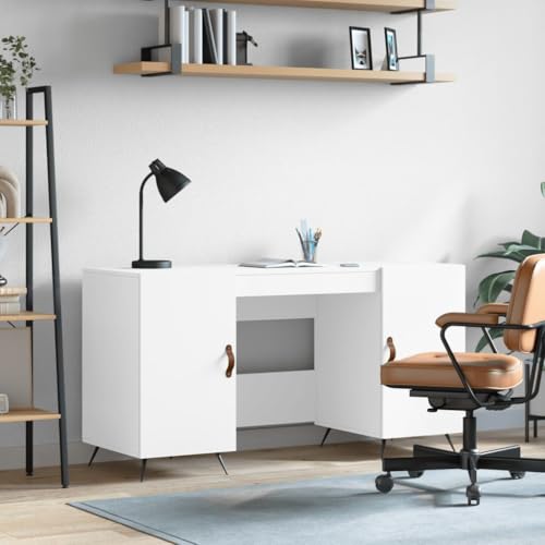 SooIarix Scrivania in legno bianco, 140 x 50 x 75 cm, con 4 scomparti e ante, stabile tavolo per PC, mobile per studio e gaming