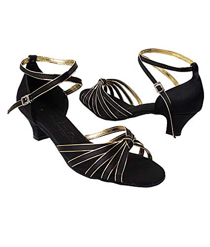 Very Fine Dance Shoes - Ladies Practice, Cuban Low Heel Ballroom Dance Shoes - SERA7043-1.2-inch Heel and Foldable Brush Bundle - Black Satin - Gold Trim - 8.52