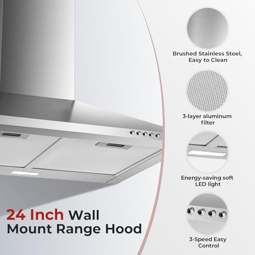 Image of 24 Inch Wall Mount Range Hood, Stainless Steel Range Hood 450 CFM, Ducted /Ductless Convertible Kitchen Hood with Push Button Control, 3 Fan Speed, 2 Pcs Mesh Filters