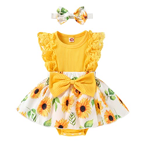 Image of YOUNGER TREE Baby Girl Dresses Newborn Girls Dress Floral Baby Girl Summer Clothes Infant Headband Romper Outfits