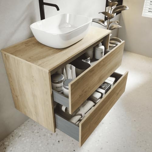 Mueble de Baño Suspendido con Lavabo Sobreponer Cerámico | Mueble Volado 2 Cajones | 80 cm Roble Natural - imagen 3