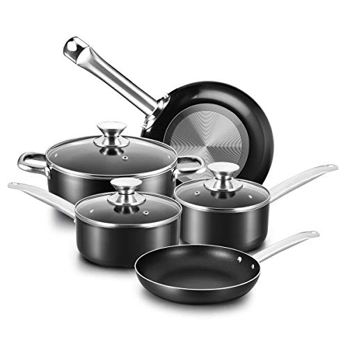 COOKER KING Nonstick Cookware Set 8-Piece Nonstick Pots and Pans Set with Glass Lids Baking Sets Cooking Pots Set Oven Safe Dishwasher Safe Stainless Steel Handles NO PFOANO Toxin Black