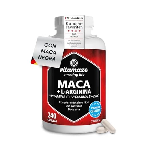 Maca Negra Complex con L-Arginina, Tres tipos de Maca Andina (Negra, Amarilla y Roja) + Vitamina C, B6, B12 + Zinc, 240 Cápsulas, Raíz Peruana, Calidad Alemana, Sin Aditivos. Vitamaze