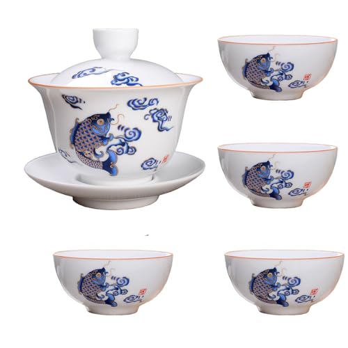 Image of Liang baobao Porcelain Gaiwan 8oz Teacup White Glazed Tureen Chinese Sancai Cover Bowl Lip Cup Saucer Set (Fish leaping)