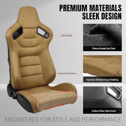 IKON MOTORSPORTS, Universal Racing Seats with 14\" Dual Sliders, Brown Suede W/Brown Stitching & Carbon Leather Back Reclinable Sport Bucket Seats for Cars, 1 Pair Driver Passenger Side 2PC