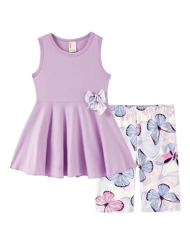 Image of PATPAT Girls Summer 2 Piece Outfits 4-12Y Butterfly Bow Sleeveless Tunic Tops and Floral Print Shorts Cute Clothes
