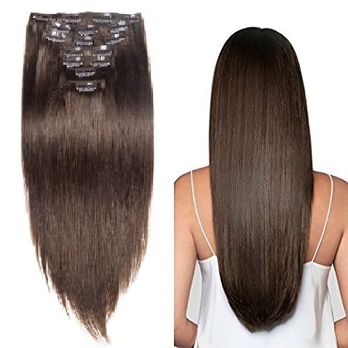 Fully 7 Clips Based 24 inch Straight Real Human Hair Extensions for Women and Girls (50 Gram, Medium Brown)