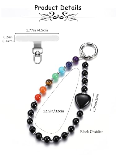 PiercingJak Handykette aus Naturstein, Handmade kurzer Handyanhänger mit Perlen, Beaded Handyband Phone Charm mit passgenauer Lasche, Obsidian+7 Chakra