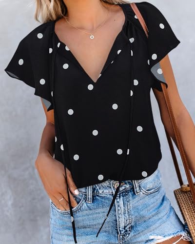 Chiffon Tops for Women Summer Polka Dots Shirt Ruffle Short Sleeve Blouses Wedding Guest Outfits Floral28 L — view 2