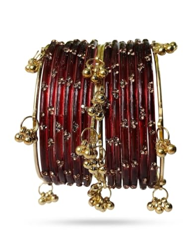 Image of NMII Viral Multi Colour Glass Bangles with Golden Ghungroo Charms & Stone Work For Women & Girls | Fancy Designer Glass Bangle | Traditional Chudi | Kanch Ki Churi | Stylish Ghungroo Bangle For Women
