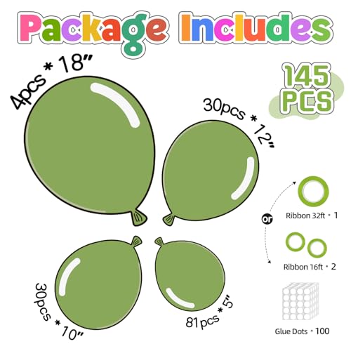 Image of 145pcs Sage Green Balloons Balloon Arch Kit Different Sizes of 18 12 10 5 Inch Globos Verdes for Golf Party Decorations Birthday Party Dinosaur Party Graduation Thanksgiving Baby Shower Decoration
