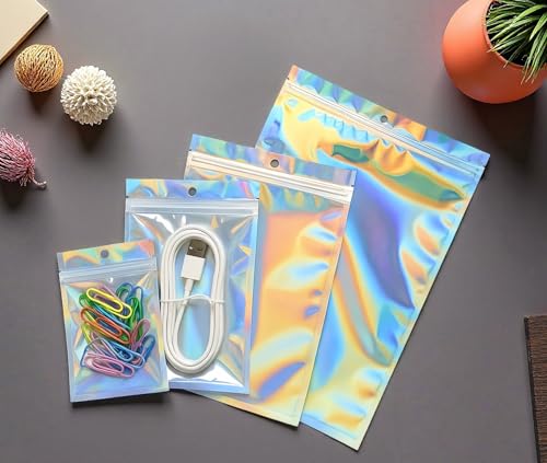 Plaphy 100 szt. Holograficznych torebek mylar z przezroczystym okienkiem, strunowych woreczków, wyłożonych folią aluminiową, do przechowywania żywności, przekąsek, biżuterii, akcesoriów (10,5 x 15cm)