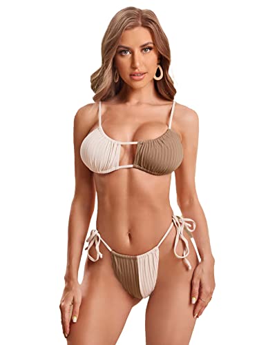 Maillot de bain 2 pièces pour femme smocké bicolore beige et marron taille S