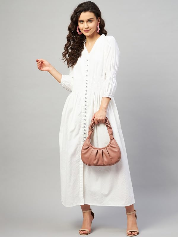 Image of Aaheli Women's Kanta Cotton Western Dress | Striped Long Flared Dress with V-Neck & Full Sleeves | Soft, Breathable Fabric | Casual, Office & Everyday Wear | OFFWHITE, 3XL