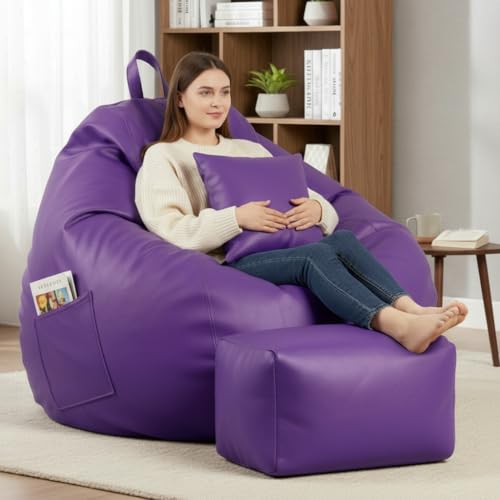 Image of KAM'S LIEU 5XL Luxury Faux Leather Bean Bag with Footrest & Cushion | Pre-Filled High-Density Polystyrene Beans | Premium Leatherette | 6 Months Warranty Color- (Purple, with Footrest)