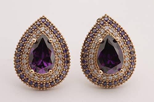 Turkish Handmade Jewelry Small Drop Shape Pear Cut Amethyst and Round Cut Topaz 925 Sterling Silver Stud Earrings