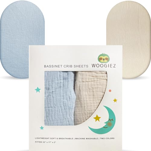 Image of Woogiez Muslin Bassinet Sheets (2 Pack) & Gift Box — Universal 100% Cotton Baby Sheets for Rectangle, Hourglass or Oval Bassinet Mattress (Ocean Blue)