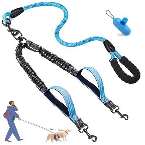 Blanlody guinzaglio doppio per cani, guinzaglio elastico riflettente con rotazione a 360°, due manici imbottiti e sacchettini per le feci, per passeggiate e addestramento, blu