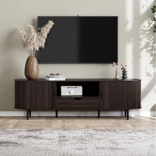 Image of DHH 71 inch Fluted TV Stand with Power Outlet for TVs up to 80 inch, TV Console with Adjustable Shelves and Sliding Door,Mid Century Modern Entertainment Center for Living Room,Bedroom (Dark Walnut)