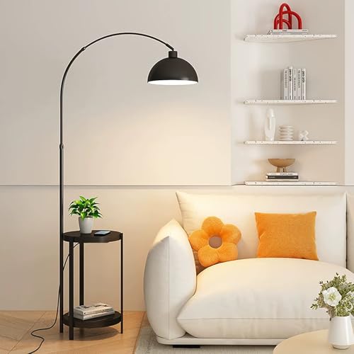 Floor lamp Modern Black Arc with Table,Industrial Minimalist Adjustable Arc LED 3 Color Temperature,Modern Lighting for Living Room,Bedroom Decor