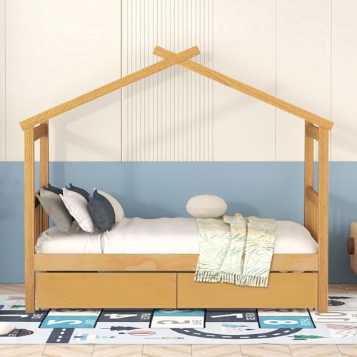 Image of Twin Size House Platform Bed with Roof and 2 Drawers, Solid Wood House Daybed Frame with Headboard and Slat Support for Kids Teens Girls Boys Bedroom, Can Be Decorated (Natural-03, Twin)
