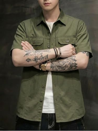 Image of SMOWKLY Men's Casual Solid Printed Cotton Regular Fit Shirt || Half Sleeve, Button Down, Double Front Pocket || Denim Jacket Style Fashionable Western Outfit