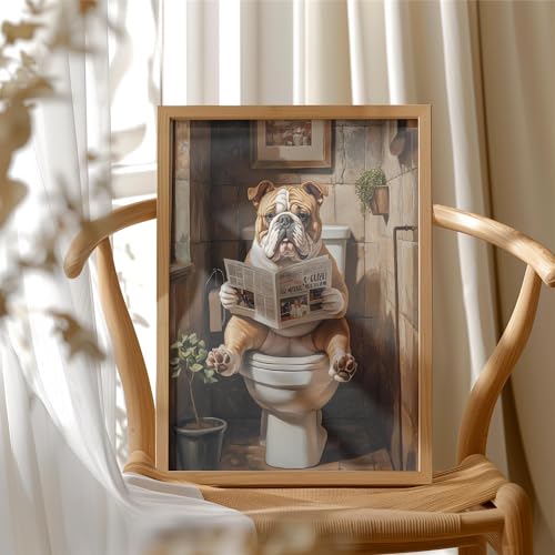 Image of Bulldog on Toile Wood Framedt Wall Art Print Poster, Dog Bathroom Humor Decor Posters Prints for Restroom Home Picture Painting Artwork Gallery 7 (Bulldog, 11 inchW x 14 inchL, Wood Frame)