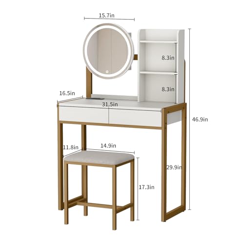 Image of Small Vanity Desk with Mirror and Lights, Makeup Vanity Table with LED Mirror, 3 Lighting Modes, Power Outlet, Drawer, Open Shelves and Cushioned Stool for Bedroom (Gold)