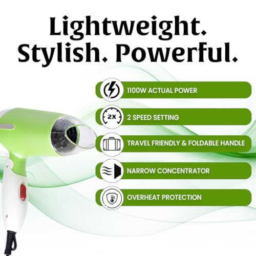 Image of GUSTTO Foldable Hair Dryer 1100W | Compact Travel-Friendly Hair Dryer with Foldable Handle, Hanging Ring, 2 Heat & Speed Settings, Narrow Concentrator, Lightweight & Portable (Lush Green), BIS Certified