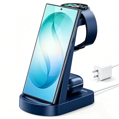 Image of Wireless Charging Station for Samsung /Android, Fast Wireless Watch Charger Station Compatible for Samsung Galaxy S26 Ultra /S25 /S24+ /Z Flip 7 /6 Fold 7 /6, Watch8 /7 /Pro /Active 2 Galaxy Buds3 /2 Pro(Blue)