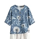 Womens Half Sleeve V Neck Blouse Tops Casual Loose Button Down Cotton Linen Shirts Printed Oversized T Shirts