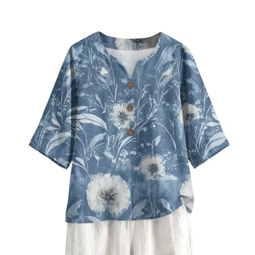Womens Half Sleeve V Neck Blouse Tops Casual Loose Button Down Cotton Linen Shirts Printed Oversized T Shirts