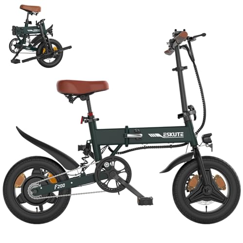 ESKUTE E Bike Herren F200, 14 Zoll Klapprad Elektrofahrrad, 36V 7.8Ah Akku Lange Reichweite bis 35-50KM, Mini Faltbike mit Handyhalterung & USB-Ladeanschluss, E-Mountainbike, Dunkelgrün