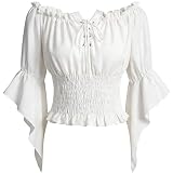 Women’s Renaissance Peasant Blouse Off Shoulder Bell Sleeve Top Medieval Pirate Corset Shirt for Ren Faire Cottagecore (White, L)