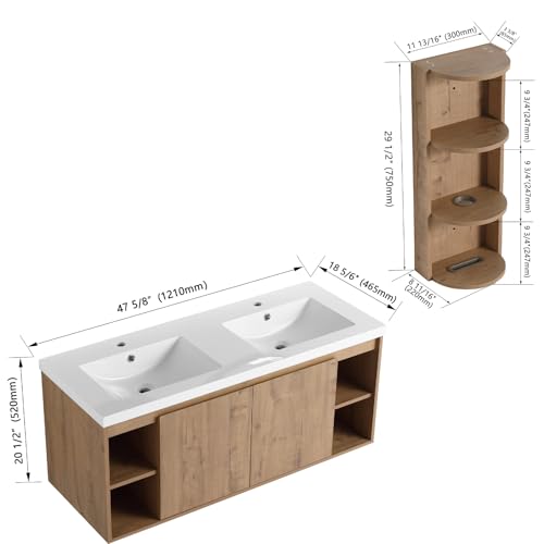 Image of Floating Bathroom Vanity, 48 inch Bathroom Storage Cabinet with Double Resin Sinks, 2 Soft-Close Doors & 4 Open Storage Shelves, Wall-Mounted Vanity with Extra Three-Layer Spacious Shelves, Oak