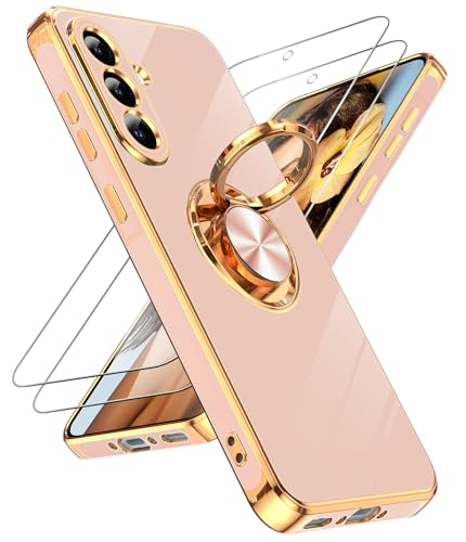 LeYi for Galaxy A36-5G Phone Case: 2 Pack Tempered Glass Screen Protector and 360° Rotatable Ring Holder Magnetic Kickstand, Plating Rose Gold Edge for Samsung A 36 5G Case, Pink