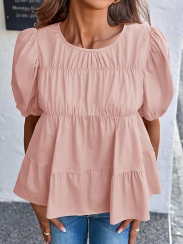 Image of Tankaneo Womens Puff Sleeve Peplum Babydoll Tops Summer Flowy Pleated Cotton T-Shirts Casual Loose Fit Cute Blouse