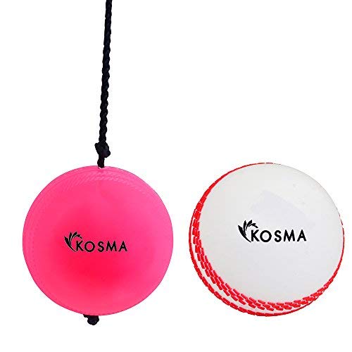 KosmaPack of 2 Cricket ball - Hanging Ball for Cricket Practice with Reaction String (Pink) & Windball (White | Soft Training Ball