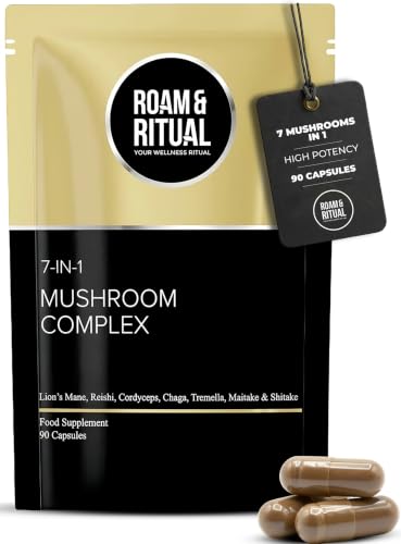 Mushroom Complex Capsules 11 700mg per Serving - Lions Mane Reishi Cordyceps Chaga Shiitake Maitake & Tremella for Focus Immunity & Defence | 90 Capsules UK Made by Roam & Ritual
