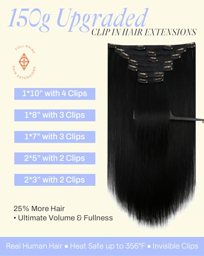 Image of Full Shine Black Clip in Hair Extensions, Real Human Hair, 22 Inch 150g | Clip Ins, Straight Hair for Versatile Styling, Everyday Wear, Suitable for Black Women, 7Pcs
