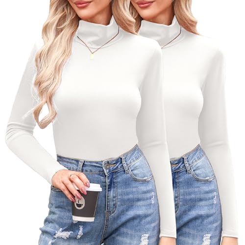Totatuit Women's Turtleneck Long Sleeve Shirts Lightweight Fall Fashion Basic Thermal Underwear Tops Winter Clothes 2025 White+white Large
